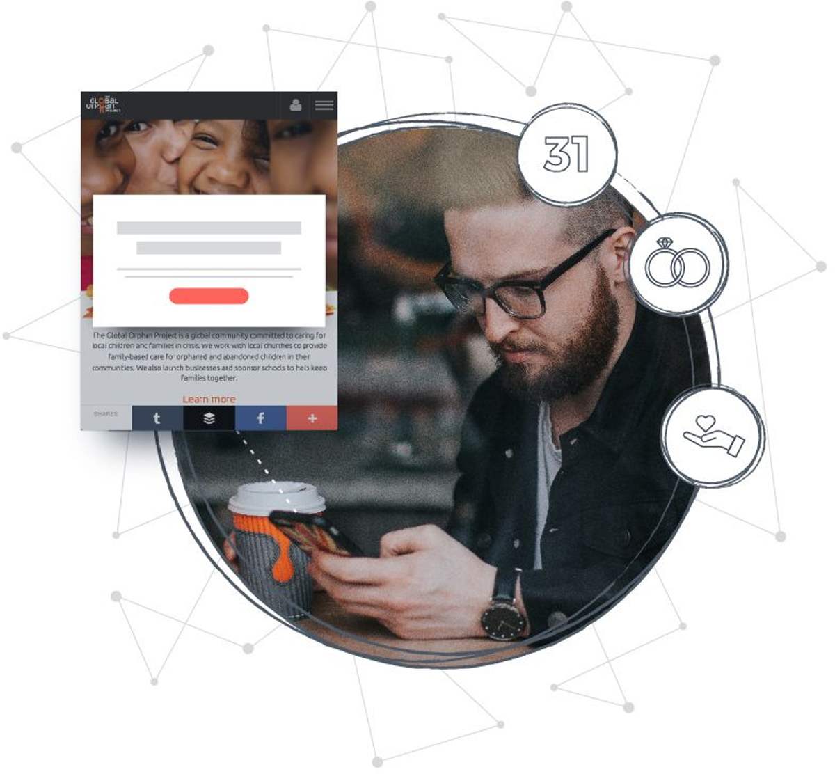 A man reads a personalized message on his phone, surrounded by icons for events, content, and giving