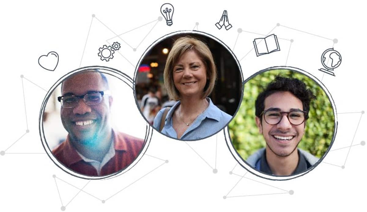 Three smiling website visitor profiles linked by icons for their interests