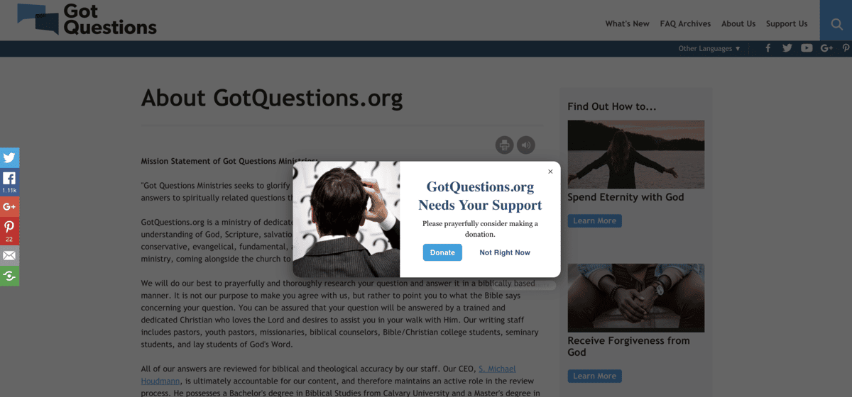 GotQuestions.org page with a Journity pop-up reading "GotQuestions.org Needs Your Support" and a Donate button