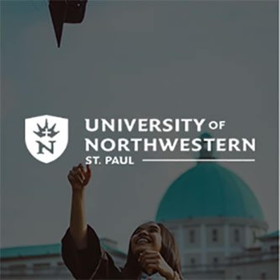 University of Northwestern St. Paul logo over a graduate tossing a cap